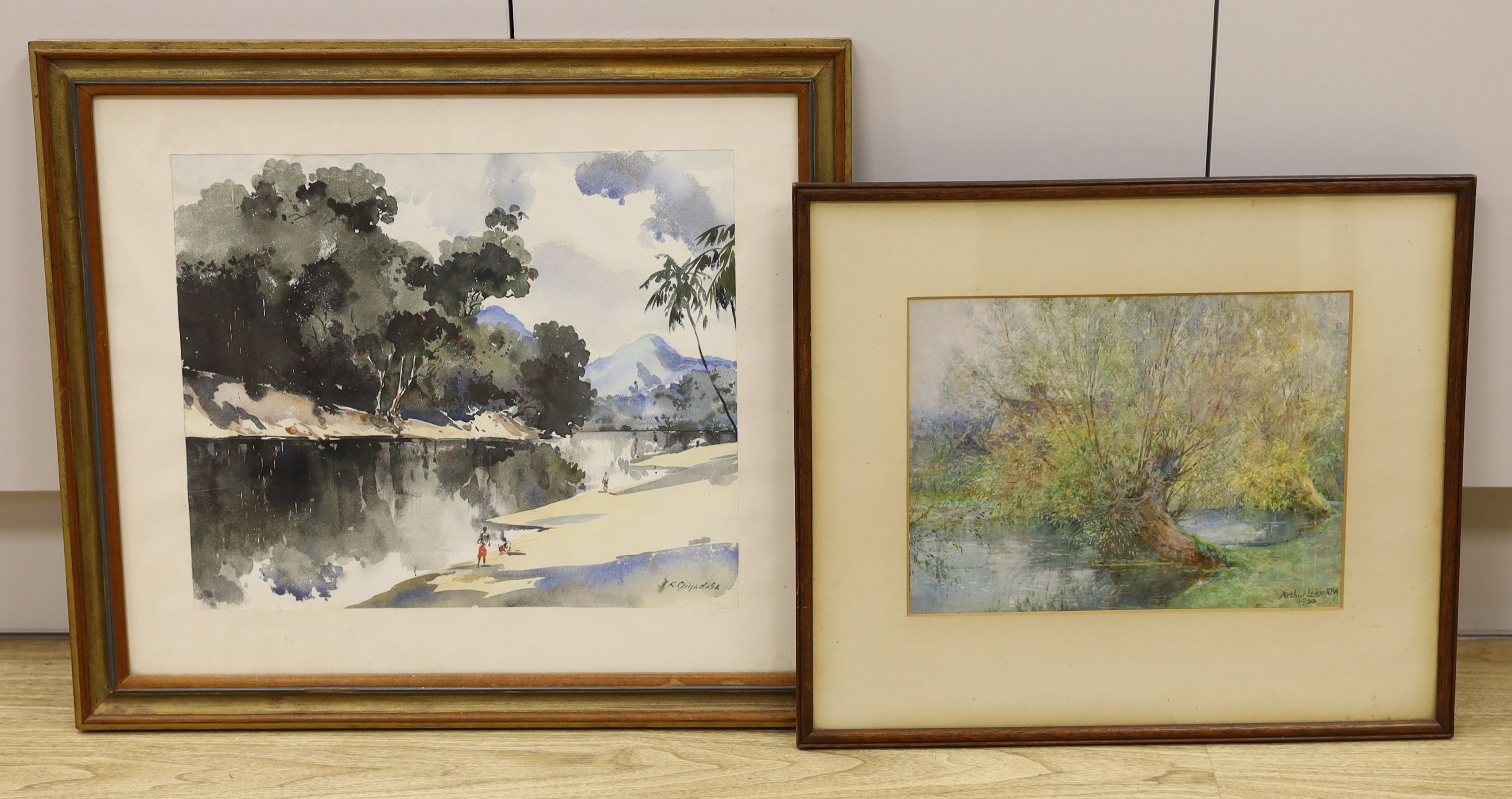 K. Piyadasa, watercolour, Asian river landscape, signed, 34 x 40cm and a watercolour of willow trees by Arthur Legge, dated 1920, 23 x 32cm